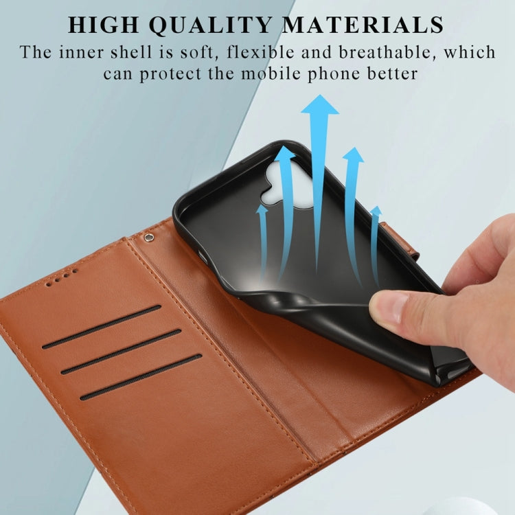 For iPhone 16 Plus PU Genuine Leather Texture Embossed Line Phone Case(Brown) - iPhone 16 Plus Cases by buy2fix | Online Shopping UK | buy2fix