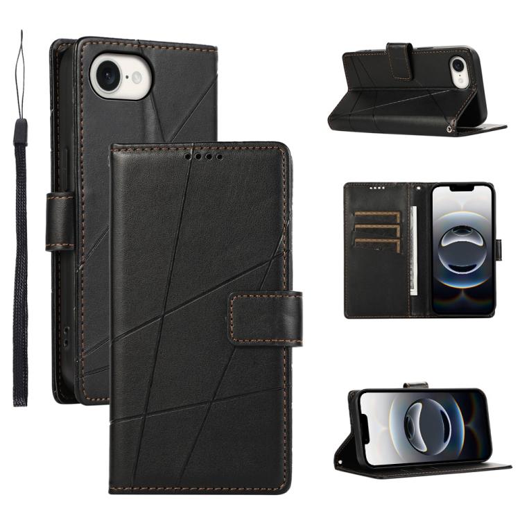 For iPhone 16e PU Genuine Leather Texture Embossed Line Phone Case(Black) by buy2fix