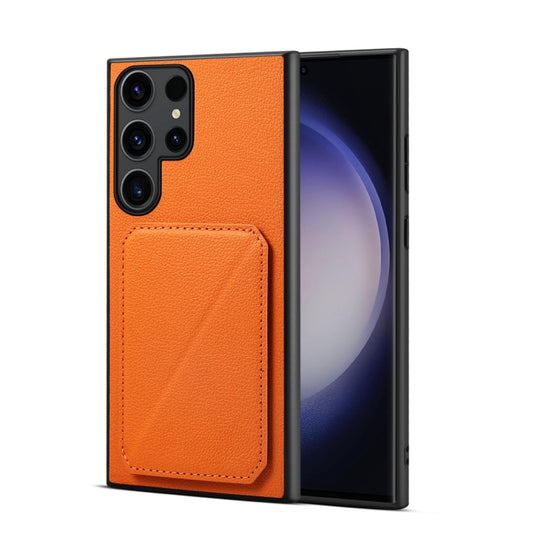 For Samsung Galaxy S23 Ultra 5G Denior Calf Texture Holder Electroplating Phone Case(Orange)