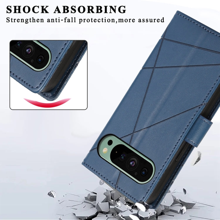 For Google Pixel 9 PU Genuine Leather Texture Embossed Line Phone Case(Blue) by buy2fix