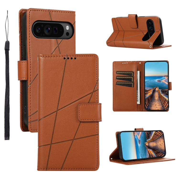 For Google Pixel 9 Pro PU Genuine Leather Texture Embossed Line Phone Case(Brown) by buy2fix