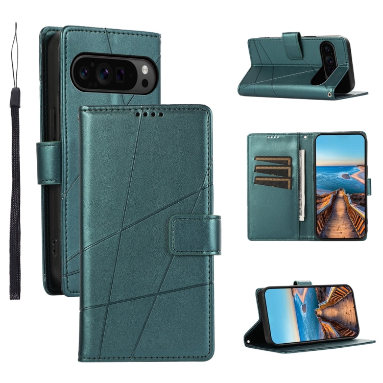 For Google Pixel 9 Pro PU Genuine Leather Texture Embossed Line Phone Case(Green) by buy2fix