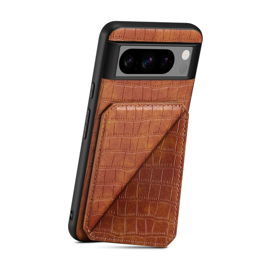 For Google Pixel 8 Pro Denior Crocodile Texture Holder Electroplating Phone Case(Brown) - Google Cases by Denior | Online Shopping UK | buy2fix