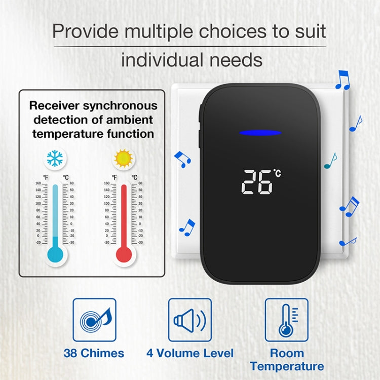 C302B One to One Home Wireless Doorbell Temperature Digital Display Remote Control Elderly Pager, US Plug(Black) by buy2fix
