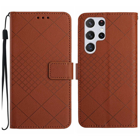 For Samsung Galaxy S22 Ultra 5G Rhombic Grid Texture Leather Phone Case(Brown) by buy2fix