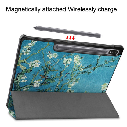 For Samsung Galaxy Tab S8+ / Tab S8 Plus /  Tab S7 FE / Tab S7+ Custer Painted PU Leather Case with Sleep / Wake-up Function & 3-Fold Holder(Apricot Blossom) - Galaxy Tab S8+ Cases by buy2fix | Online Shopping UK | buy2fix