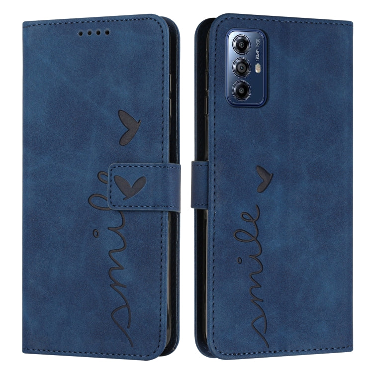 For Motorola Moto G Play 2024 Skin Feel Heart Embossed Leather Phone Case with Long Lanyard(Blue) by buy2fix
