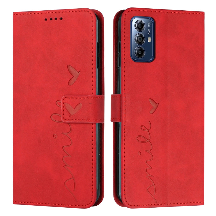 For Motorola Moto G Play 2024 Skin Feel Heart Embossed Leather Phone Case with Long Lanyard(Red) by buy2fix