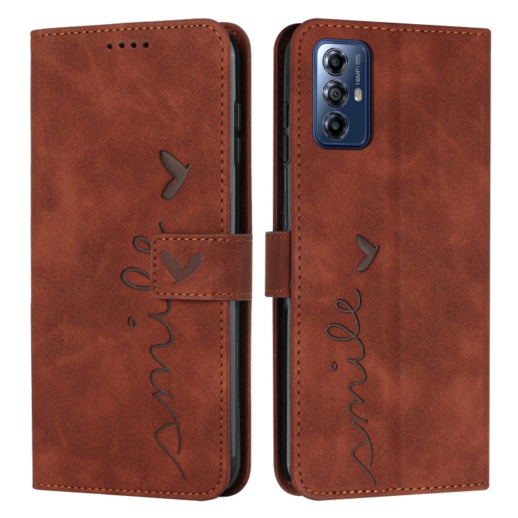 For Motorola Moto G Play 2024 Skin Feel Heart Embossed Leather Phone Case with Long Lanyard(Brown) by buy2fix