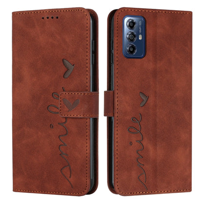 For Motorola Moto G Play 2024 Skin Feel Heart Embossed Leather Phone Case with Long Lanyard(Brown) by buy2fix