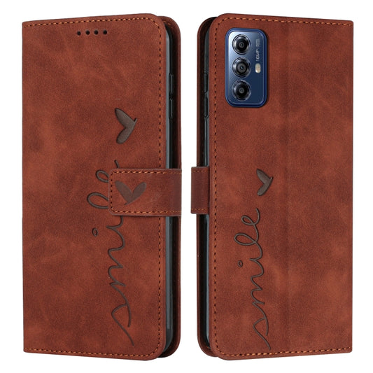 For Motorola Moto G Play 2024 Skin Feel Heart Embossed Leather Phone Case with Long Lanyard(Brown) by buy2fix