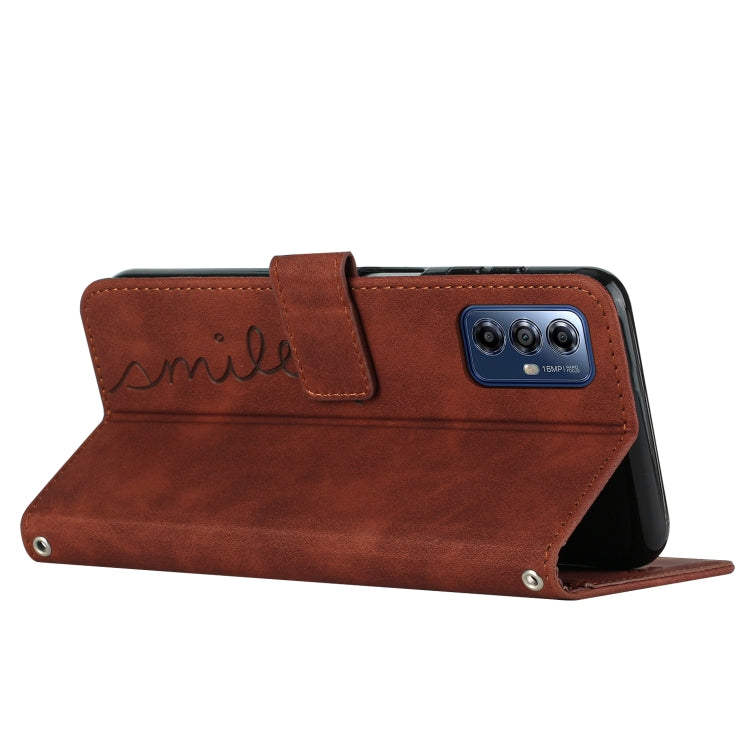 For Motorola Moto G Play 2024 Skin Feel Heart Embossed Leather Phone Case with Long Lanyard(Brown) by buy2fix