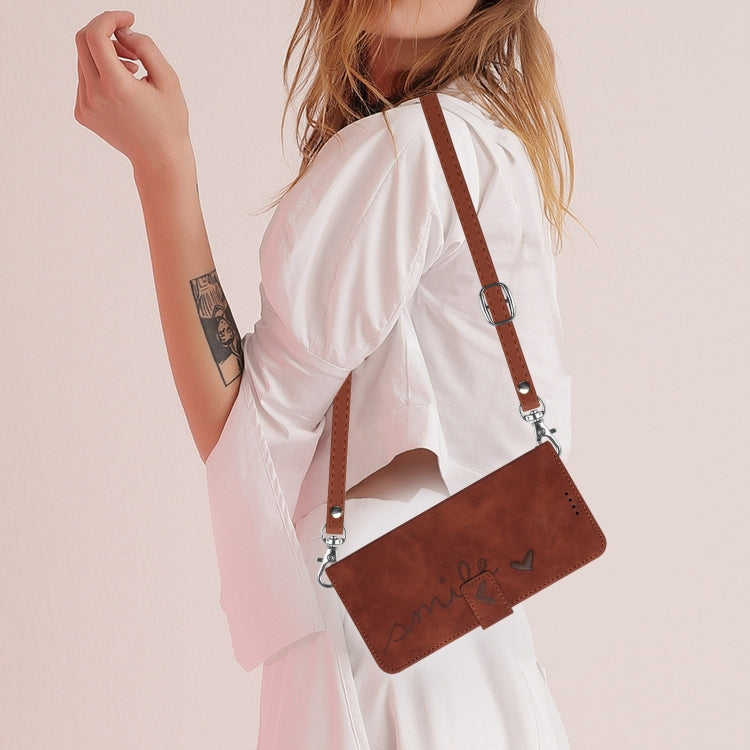 For Motorola Moto G Power 5G 2024 Skin Feel Heart Embossed Leather Phone Case with Long Lanyard(Brown) by buy2fix