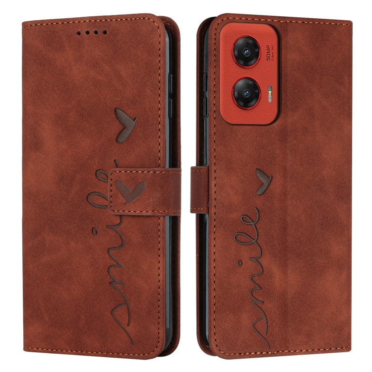 For Motorola Moto G Stylus 5G 2024 Skin Feel Heart Embossed Leather Phone Case with Long Lanyard(Brown) by buy2fix