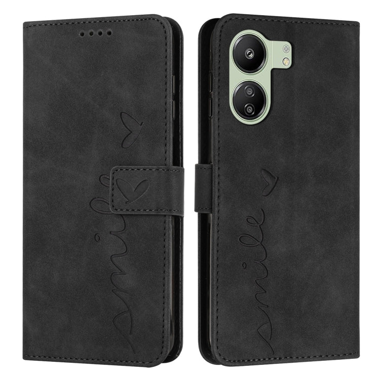 For Xiaomi Redmi 13C Skin Feel Heart Embossed Leather Phone Case with Long Lanyard(Black) by buy2fix