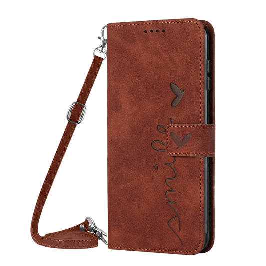 For Xiaomi 14 Skin Feel Heart Embossed Leather Phone Case with Long Lanyard(Brown) - Xiaomi Cases by buy2fix | Online Shopping UK | buy2fix