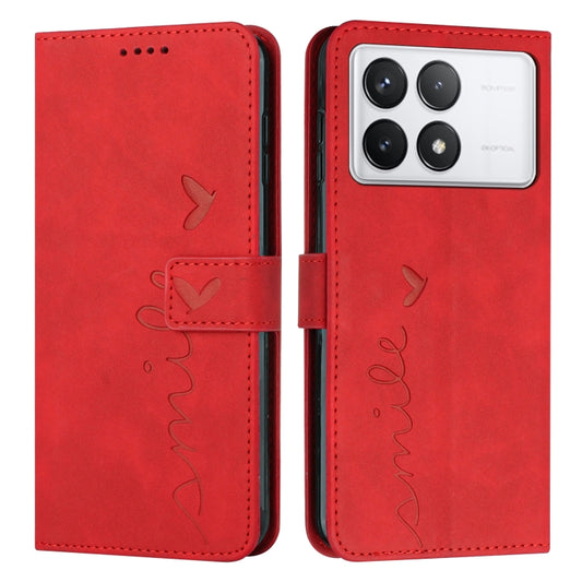 For Xiaomi Redmi K70E Skin Feel Heart Embossed Leather Phone Case with Long Lanyard(Red) - Xiaomi Cases by buy2fix | Online Shopping UK | buy2fix