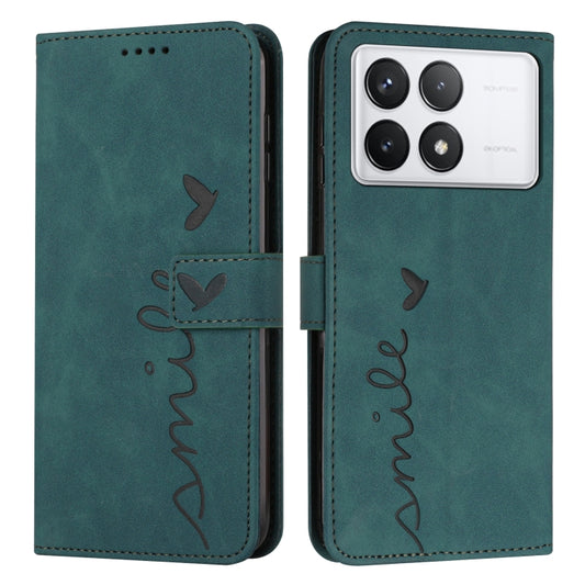 For Xiaomi Redmi K70 / K70 Pro Skin Feel Heart Embossed Leather Phone Case with Long Lanyard(Green) - Xiaomi Cases by buy2fix | Online Shopping UK | buy2fix