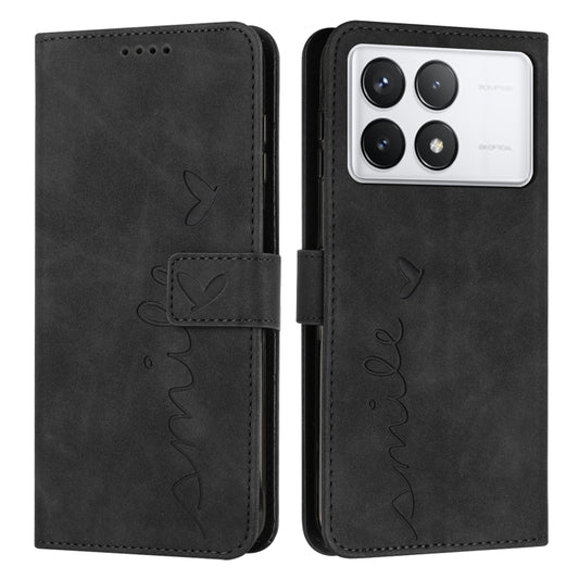 For Xiaomi Redmi K70 / K70 Pro Skin Feel Heart Embossed Leather Phone Case with Long Lanyard(Black) - Xiaomi Cases by buy2fix | Online Shopping UK | buy2fix