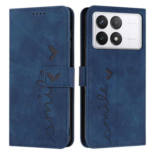 For Xiaomi Redmi K70 / K70 Pro Skin Feel Heart Embossed Leather Phone Case with Long Lanyard(Blue) - Xiaomi Cases by buy2fix | Online Shopping UK | buy2fix