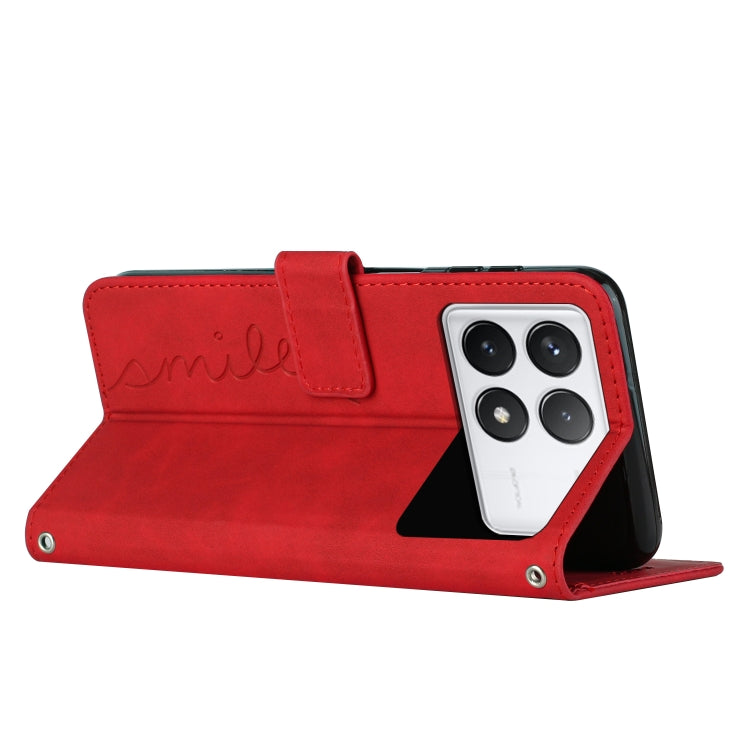 For Xiaomi Redmi K70 / K70 Pro Skin Feel Heart Embossed Leather Phone Case with Long Lanyard(Red) - Xiaomi Cases by buy2fix | Online Shopping UK | buy2fix