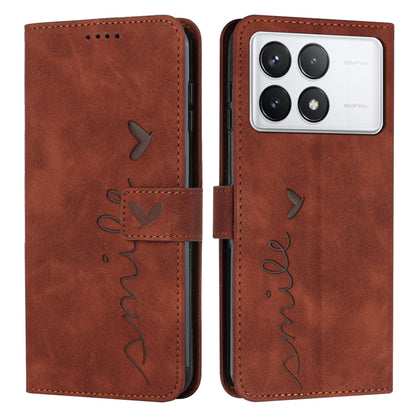 For Xiaomi Redmi K70 / K70 Pro Skin Feel Heart Embossed Leather Phone Case with Long Lanyard(Brown) - Xiaomi Cases by buy2fix | Online Shopping UK | buy2fix
