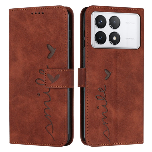 For Xiaomi Redmi K70 / K70 Pro Skin Feel Heart Embossed Leather Phone Case with Long Lanyard(Brown) - Xiaomi Cases by buy2fix | Online Shopping UK | buy2fix