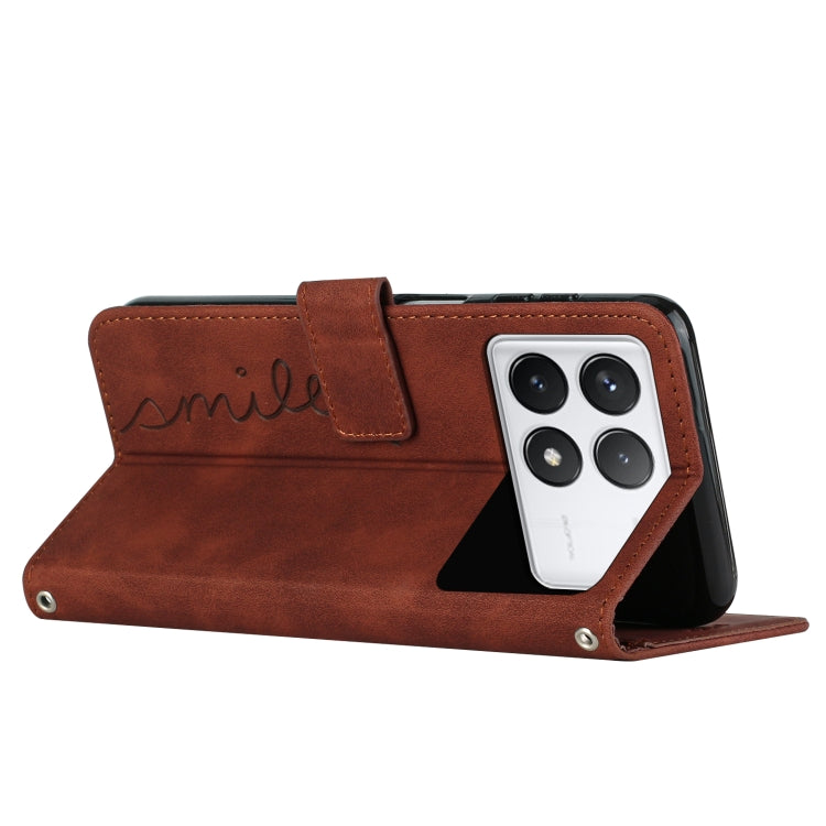 For Xiaomi Redmi K70 / K70 Pro Skin Feel Heart Embossed Leather Phone Case with Long Lanyard(Brown) - Xiaomi Cases by buy2fix | Online Shopping UK | buy2fix