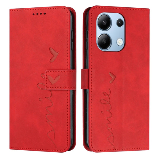 For Xiaomi Redmi Note 13 4G Global Skin Feel Heart Embossed Leather Phone Case with Long Lanyard(Red) - Xiaomi Cases by buy2fix | Online Shopping UK | buy2fix