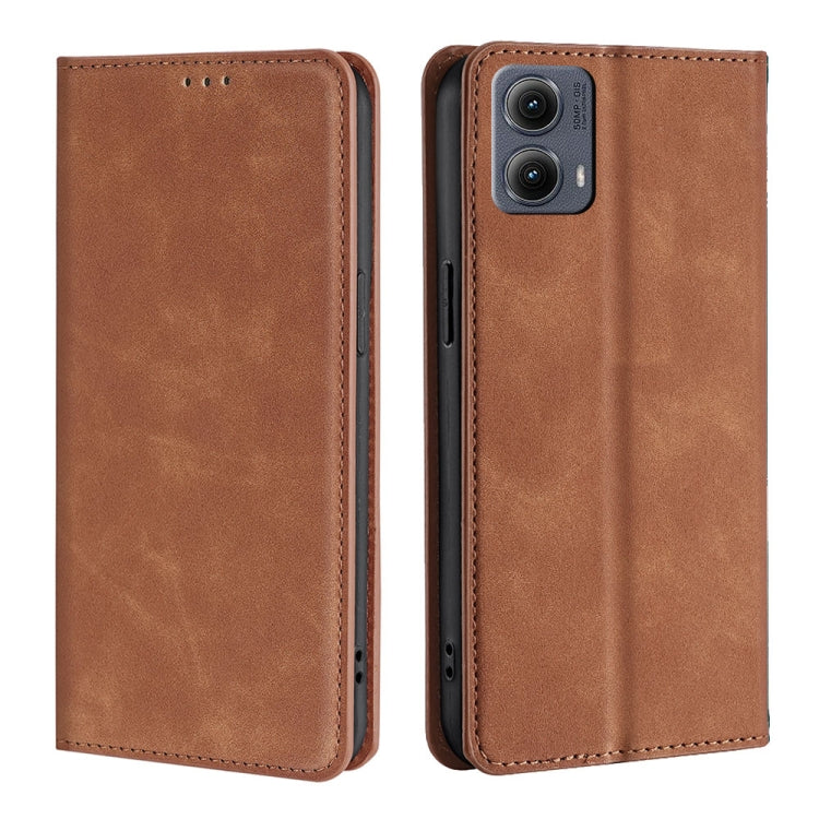 For Motorola Edge 5G 2024 Skin Feel Magnetic Leather Phone Case(Light Brown) by buy2fix