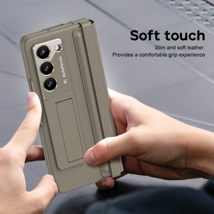 For Samsung Galaxy Z Fold5 5G Leather Texture PU + PC Full Coverage Phone Case(Light Brown) - Galaxy Z Fold5 Cases by buy2fix | Online Shopping UK | buy2fix