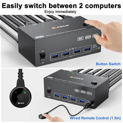 KC-KVM203DH 8K 30Hz USB3.0 DP+DP+HDMI Triple Monitors KVM Switch, US Plug by buy2fix