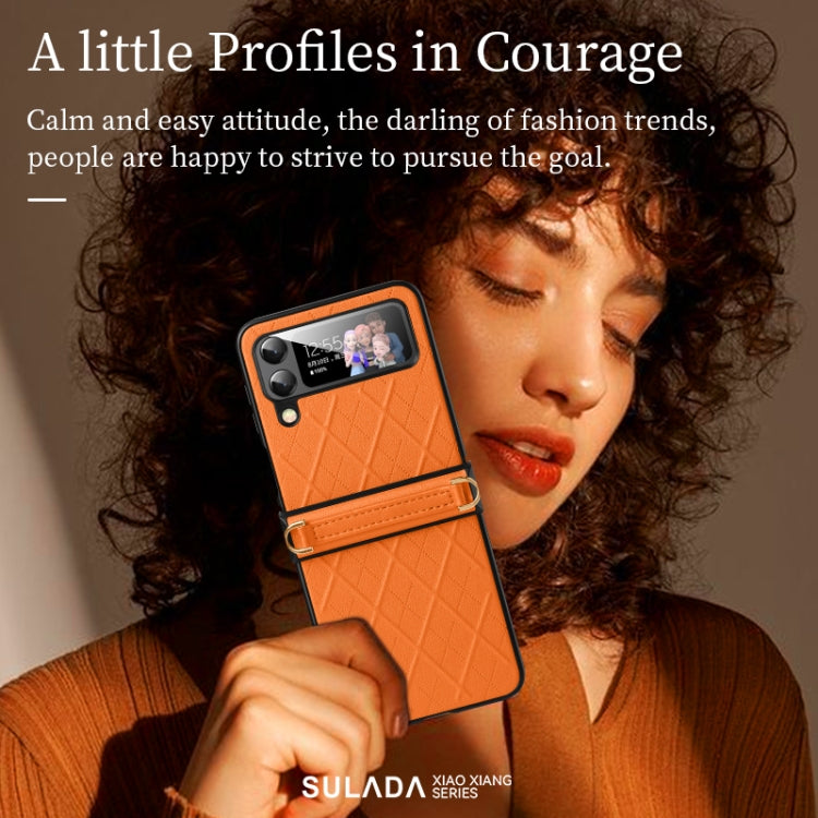 For Samsung Galaxy Z Flip3 5G SULADA Elegant Rhombic Texture Folding Phone Case with Lanyard(Orange) - Galaxy Phone Cases by SULADA | Online Shopping UK | buy2fix