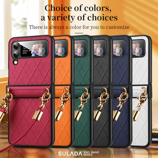 For Samsung Galaxy Z Flip4 SULADA Elegant Rhombic Texture Folding Phone Case with Lanyard(Black) - Galaxy Z Flip4 5G Cases by SULADA | Online Shopping UK | buy2fix