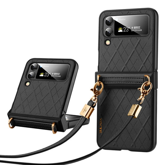 For Samsung Galaxy Z Flip5 SULADA Elegant Rhombic Texture Folding Phone Case with Lanyard(Black) - Galaxy Z Flip5 Cases by SULADA | Online Shopping UK | buy2fix