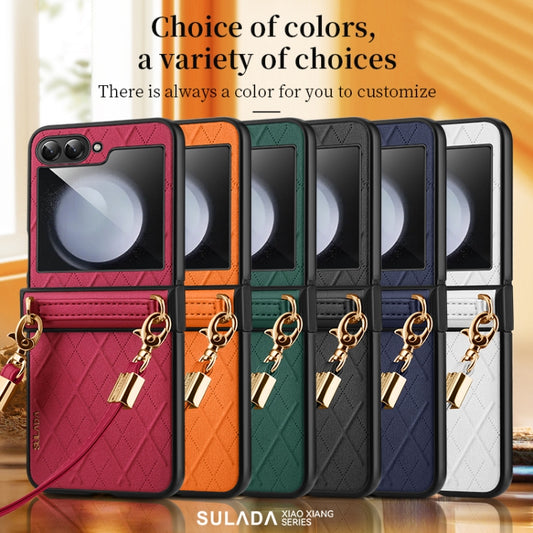 For Samsung Galaxy Z Flip5 SULADA Elegant Rhombic Texture Folding Phone Case with Lanyard(Green) - Galaxy Z Flip5 Cases by SULADA | Online Shopping UK | buy2fix