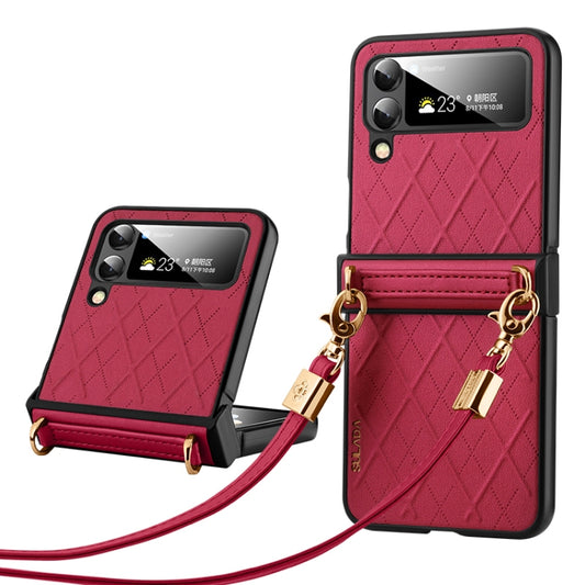 For Samsung Galaxy Z Flip5 SULADA Elegant Rhombic Texture Folding Phone Case with Lanyard(Red) - Galaxy Z Flip5 Cases by SULADA | Online Shopping UK | buy2fix