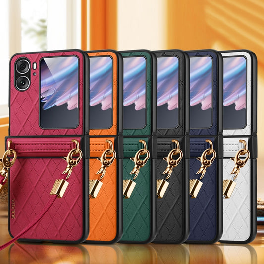 For OPPO Find N2 Flip SULADA Elegant Rhombic Texture Folding Phone Case with Lanyard(White) - OPPO Cases by SULADA | Online Shopping UK | buy2fix