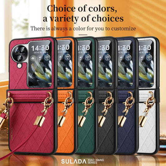 For OPPO Find N3 Flip SULADA Elegant Rhombic Texture Folding Phone Case with Lanyard(White) - OPPO Cases by SULADA | Online Shopping UK | buy2fix