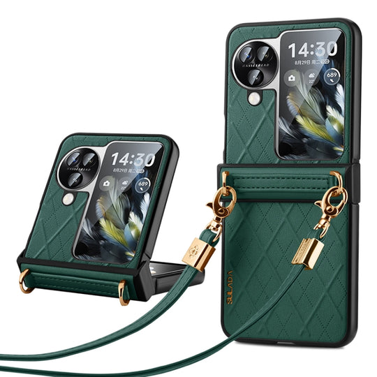 For OPPO Find N3 Flip SULADA Elegant Rhombic Texture Folding Phone Case with Lanyard(Green)