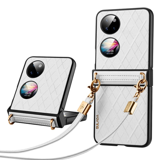 For Huawei P50 Pocket SULADA Elegant Rhombic Texture Folding Phone Case with Lanyard(White) - Huawei Cases by SULADA | Online Shopping UK | buy2fix