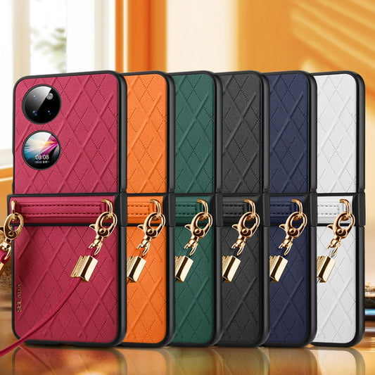 For Huawei P50 Pocket SULADA Elegant Rhombic Texture Folding Phone Case with Lanyard(Orange) - Huawei Cases by SULADA | Online Shopping UK | buy2fix