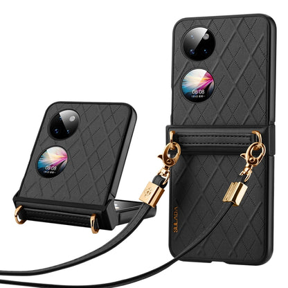 For Huawei P50 Pocket SULADA Elegant Rhombic Texture Folding Phone Case with Lanyard(Black) - Huawei Cases by SULADA | Online Shopping UK | buy2fix