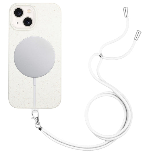 For iPhone 14 Wheat MagSafe Magnetic Straw Material + TPU Phone Case with Lanyard(White) by buy2fix