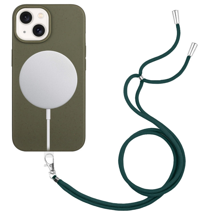 For iPhone 14 Wheat MagSafe Magnetic Straw Material + TPU Phone Case with Lanyard(Army Green) by buy2fix