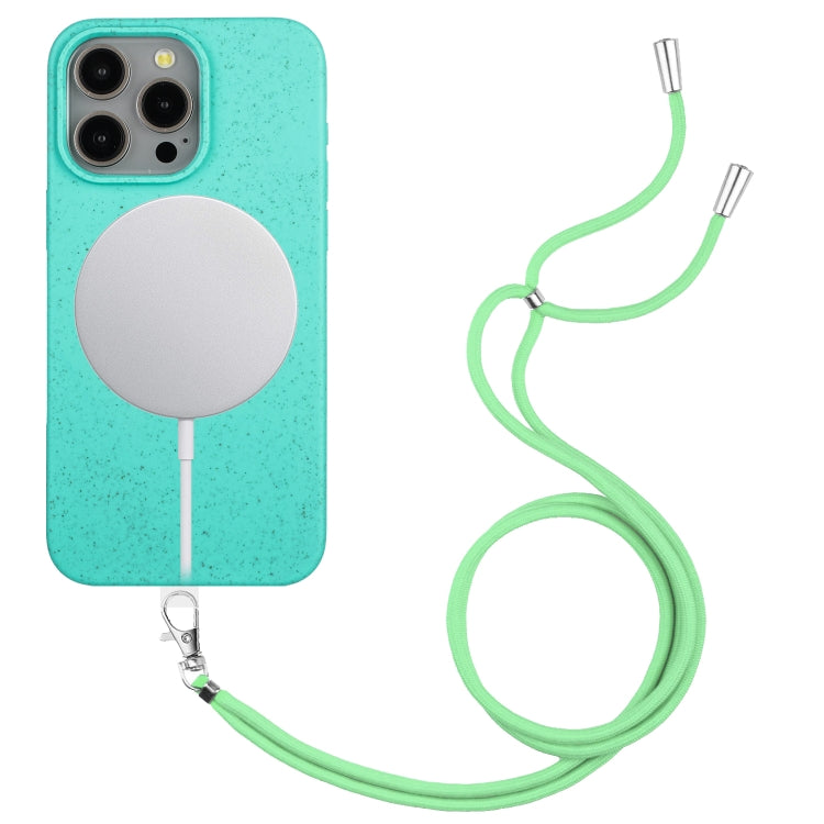 For iPhone 11 Pro Max Wheat MagSafe Magnetic Straw Material + TPU Phone Case with Lanyard(Green) by buy2fix