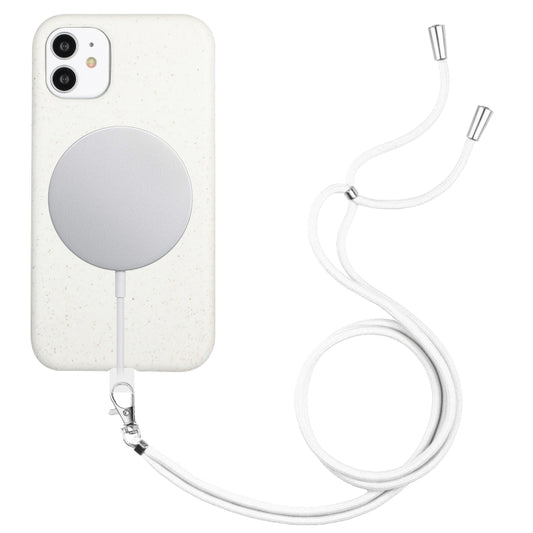 For iPhone 11 Wheat MagSafe Magnetic Straw Material + TPU Phone Case with Lanyard(White) by buy2fix