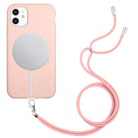 For iPhone 11 Wheat MagSafe Magnetic Straw Material + TPU Phone Case with Lanyard(Pink) by buy2fix