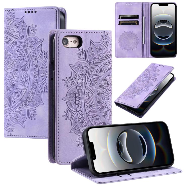 For iPhone 16e Totem Embossed Magnetic Leather Phone Case(Purple) - iPhone 16e Cases by buy2fix | Online Shopping UK | buy2fix