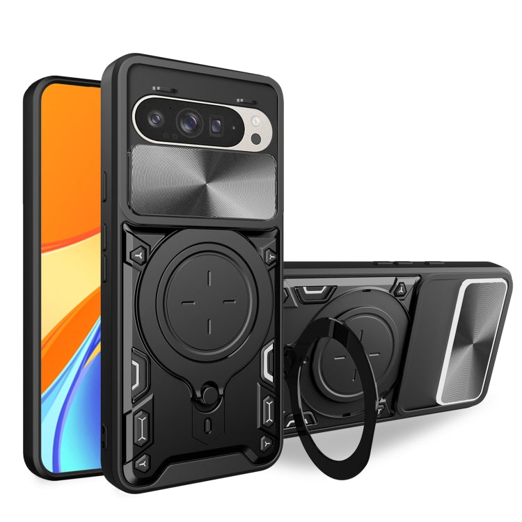 For Google Pixel 9 / 9 Pro CD Texture Sliding Camshield Magnetic Holder Phone Case(Black) by buy2fix